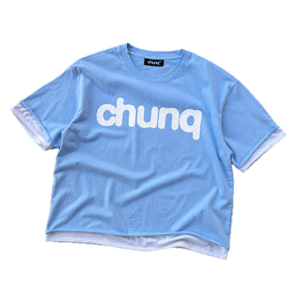chunq double-layer hero tee blue and white flat lay