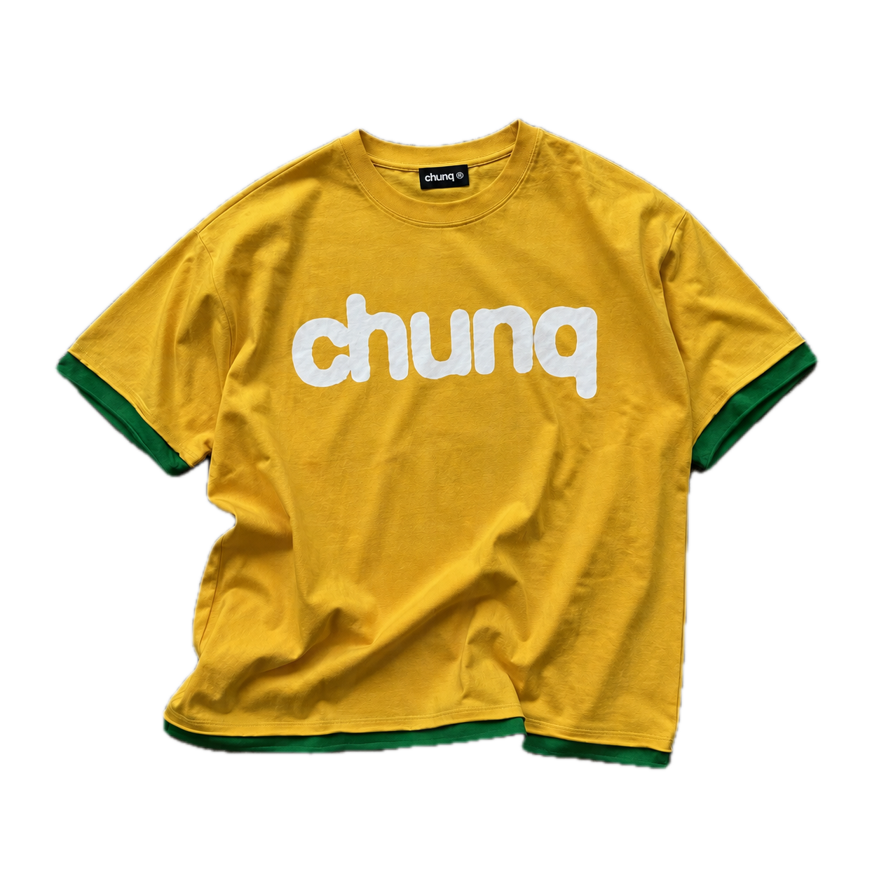 chunq double-layer hero tee yellow and green flat lay